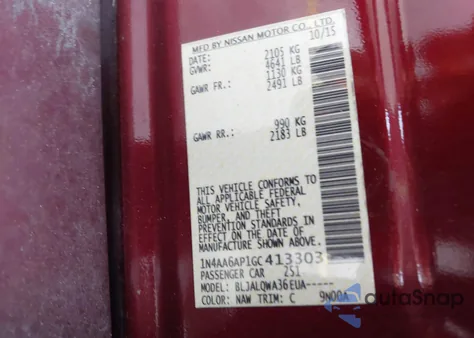 2016 Nissan Maxima 3.5 Platinum/3.5 S/3.5 Sl/3.5 Sr/3.5 Sv из США, поврежденный, VIN 1N4AA6AP1GC413303